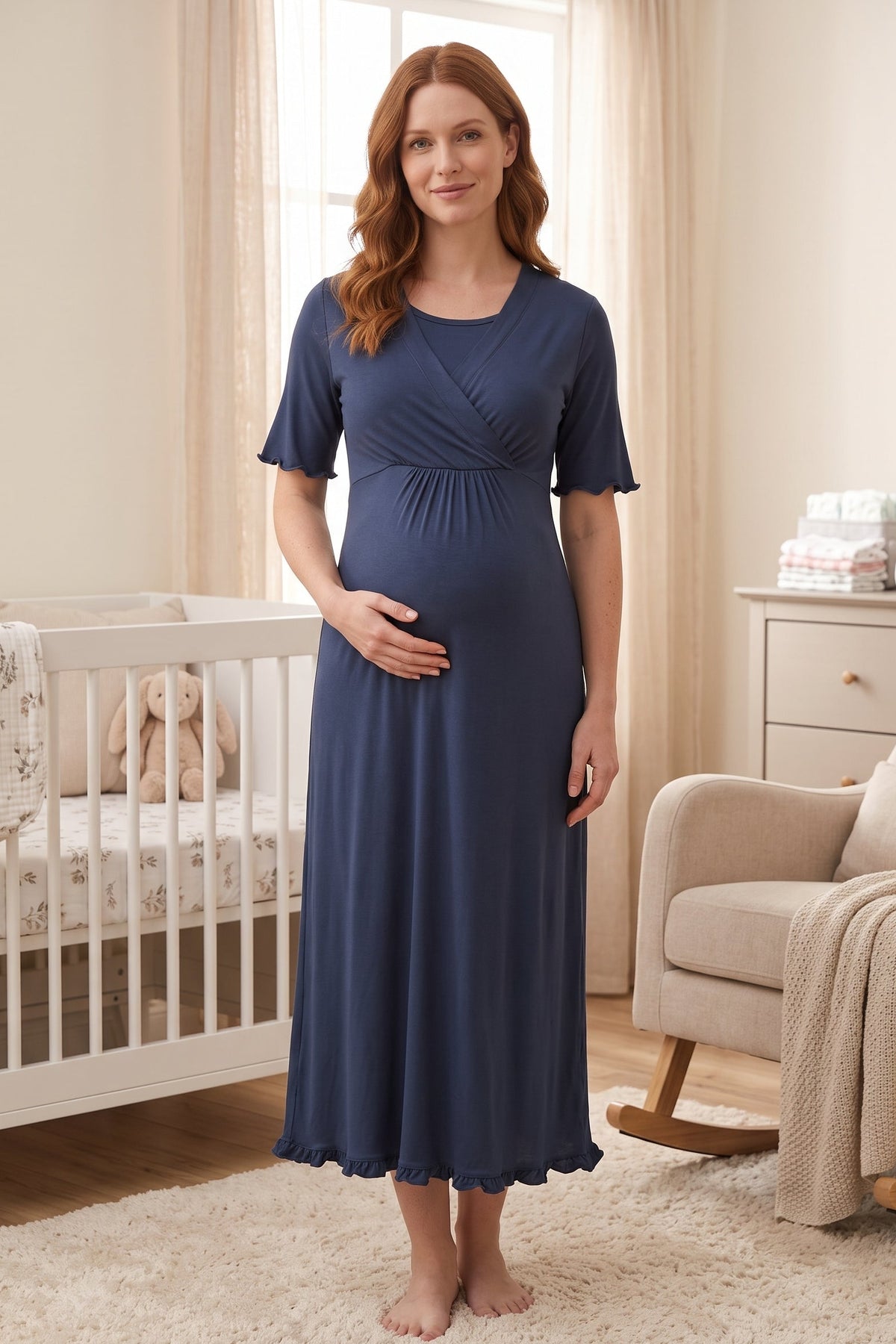 Pleated Sleeves Wrap Maternity Feeding-Friendly Nightgown Indigo - T3033