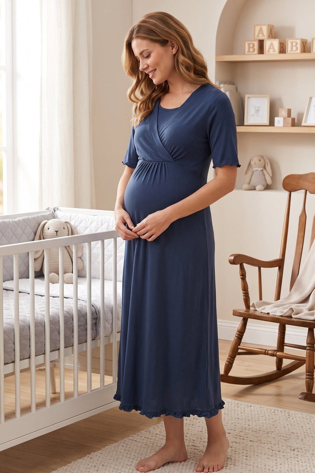 Pleated Sleeves Wrap Maternity Feeding-Friendly Nightgown Indigo - T3033