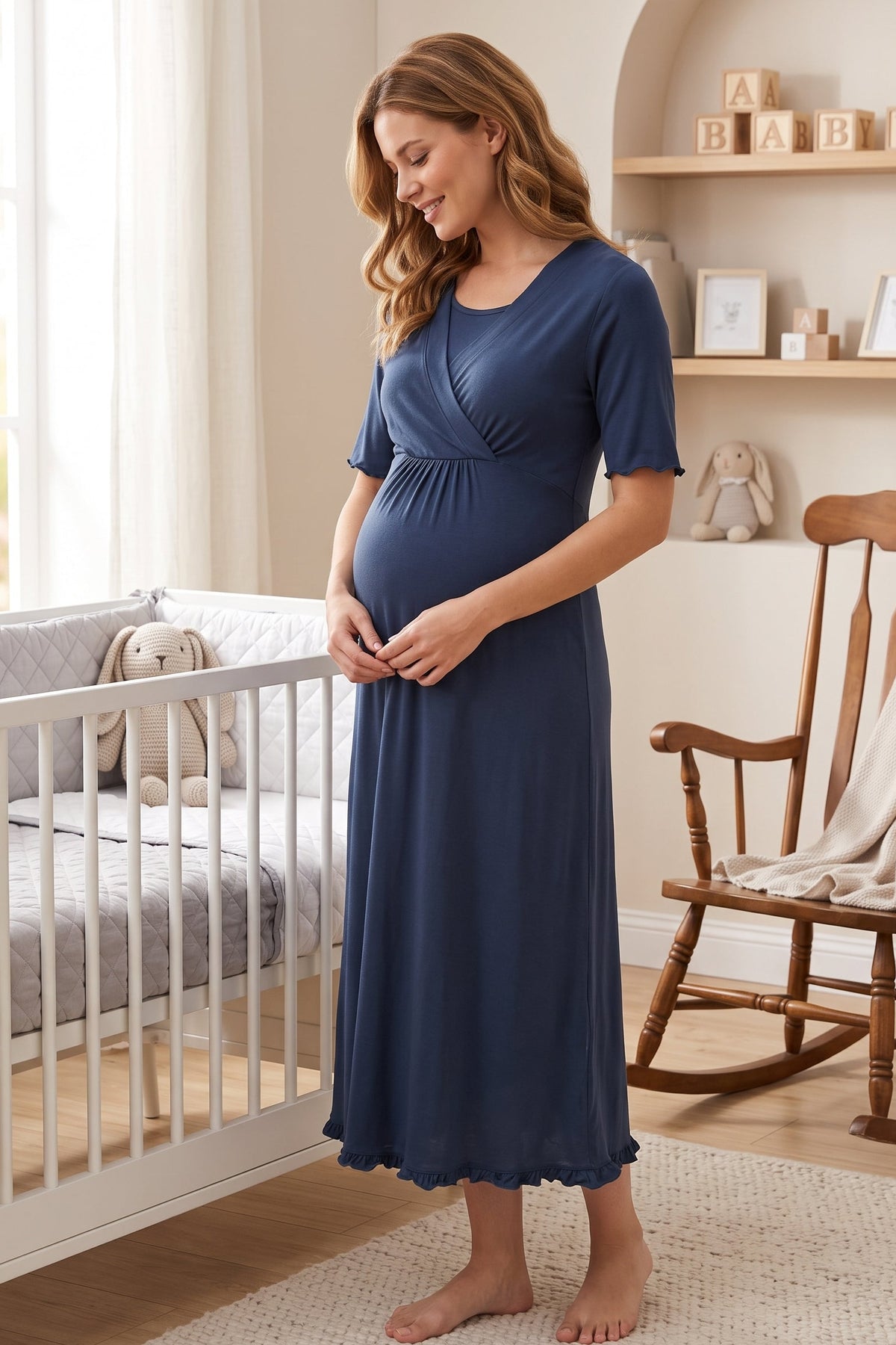 Pleated Sleeves Wrap Maternity Feeding-Friendly Nightgown Indigo - T3033