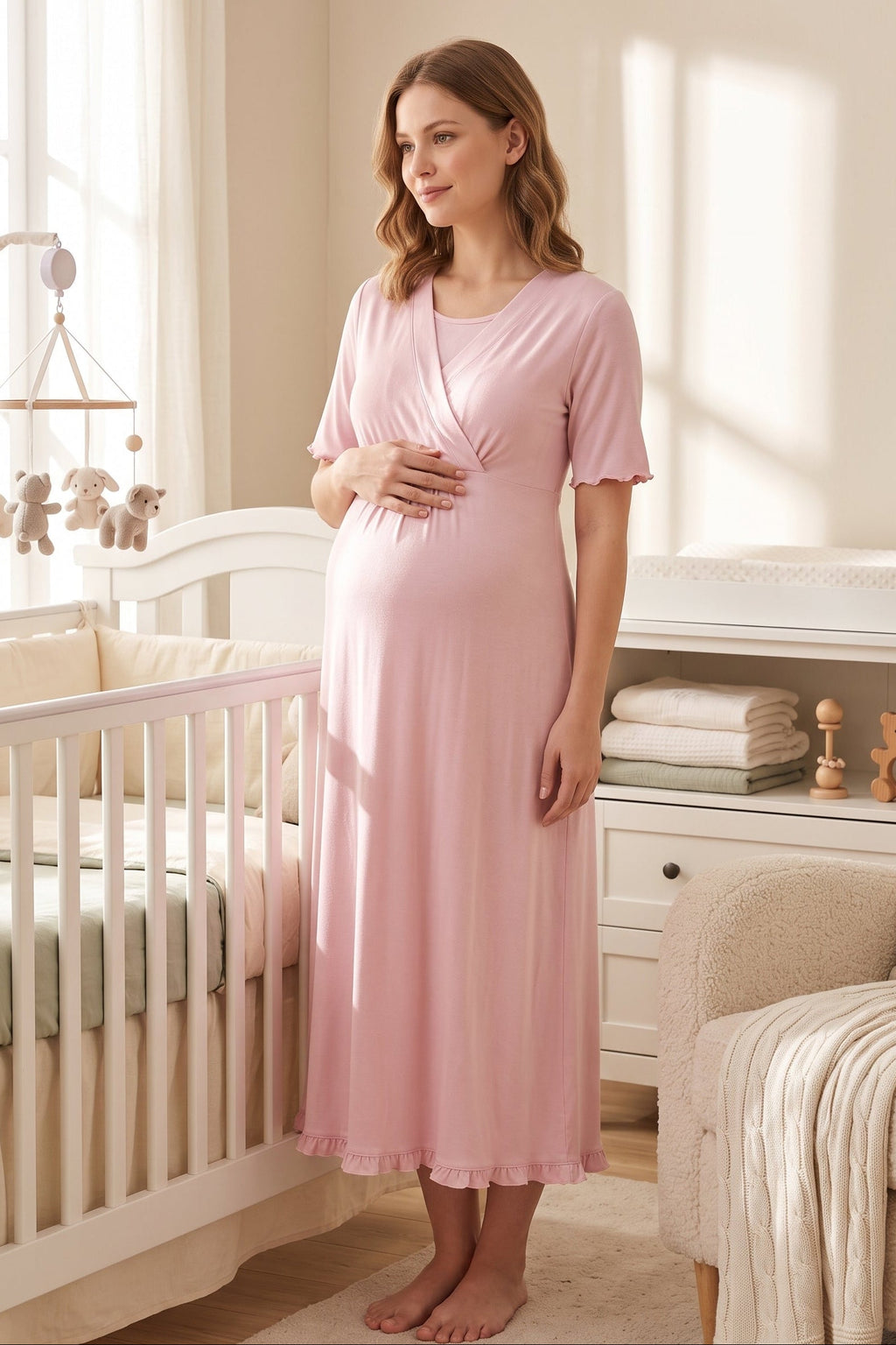 Pleated Sleeves Wrap Maternity Feeding-Friendly Nightgown Pink - T3033