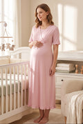 Pleated Sleeves Wrap Maternity Feeding-Friendly Nightgown Pink - T3033