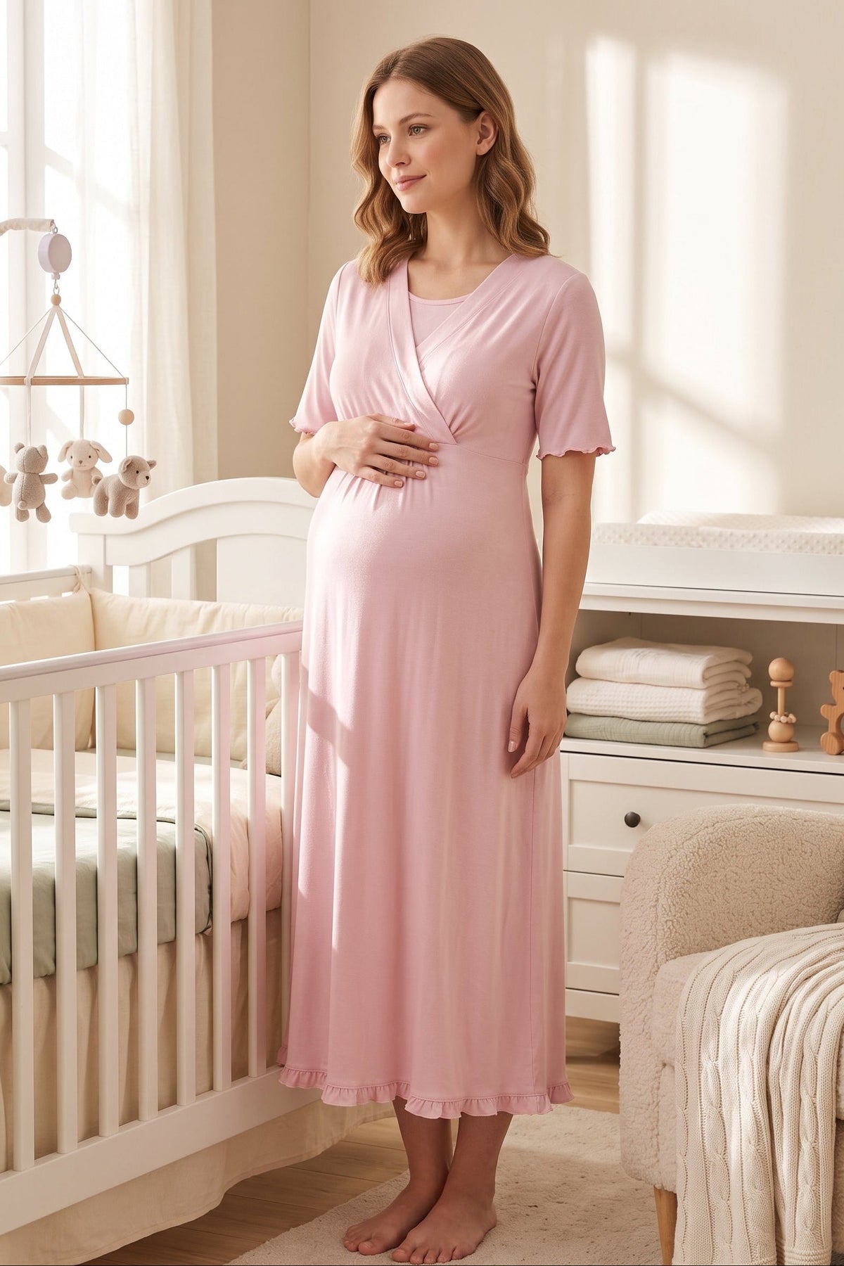 Pleated Sleeves Wrap Maternity Feeding-Friendly Nightgown Pink - T3033