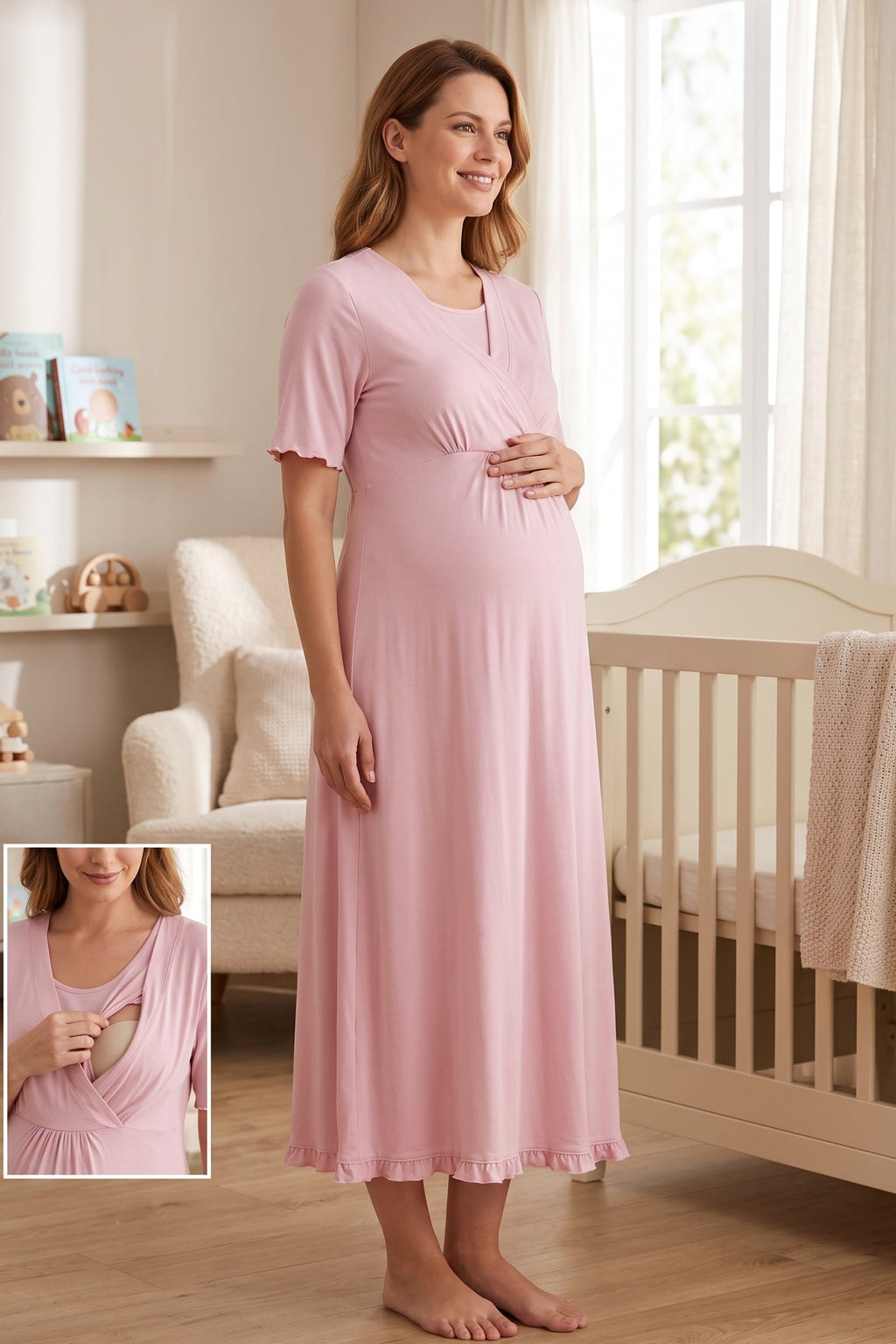 Pleated Sleeves Wrap Maternity Feeding-Friendly Nightgown Pink - T3033