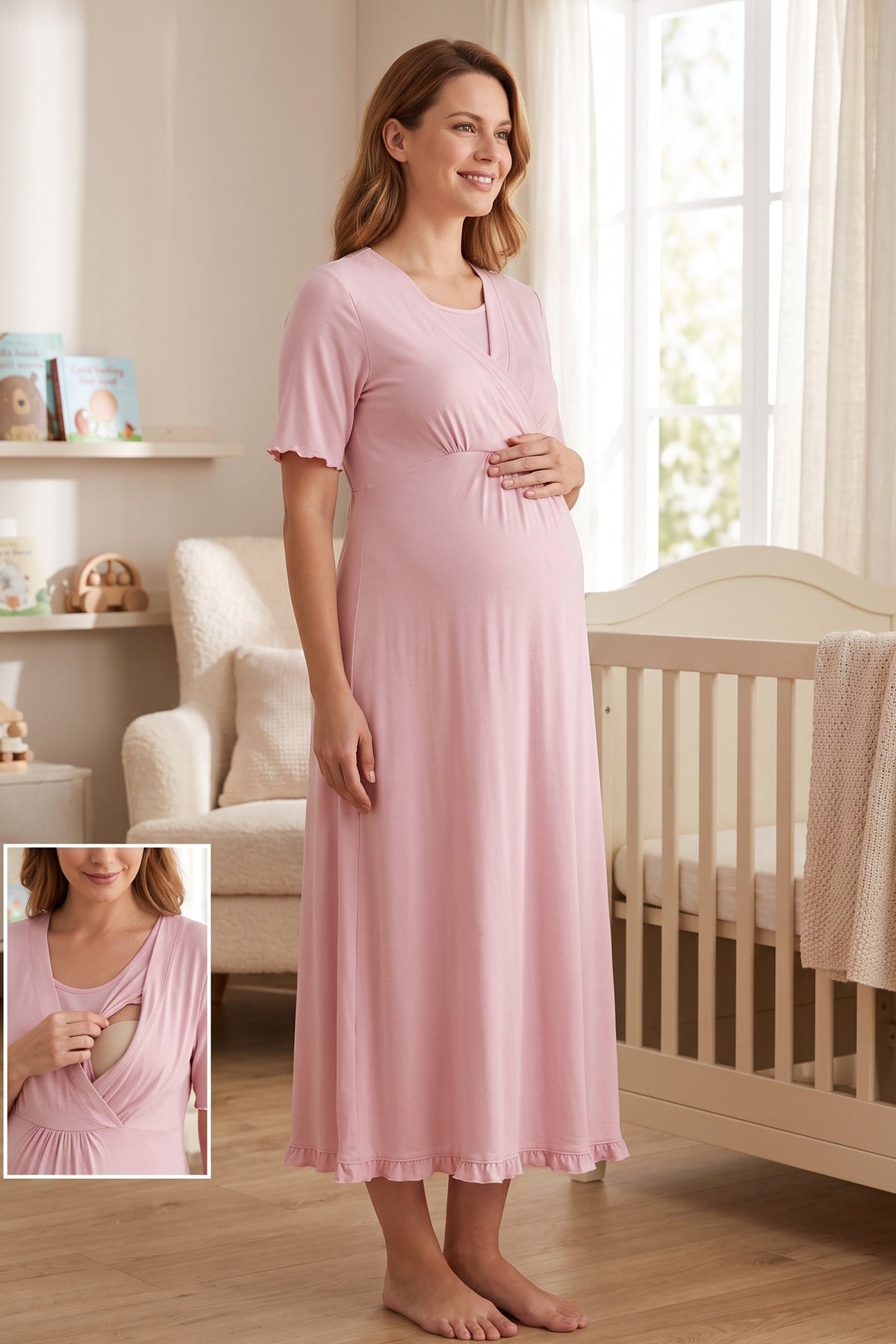 Pleated Sleeves Wrap Maternity Feeding-Friendly Nightgown Pink - T3033