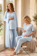 Pleated Sleeves Wrap 3-Piece Maternity Feeding-Friendly Pajama & Robe Set Blue - T3034