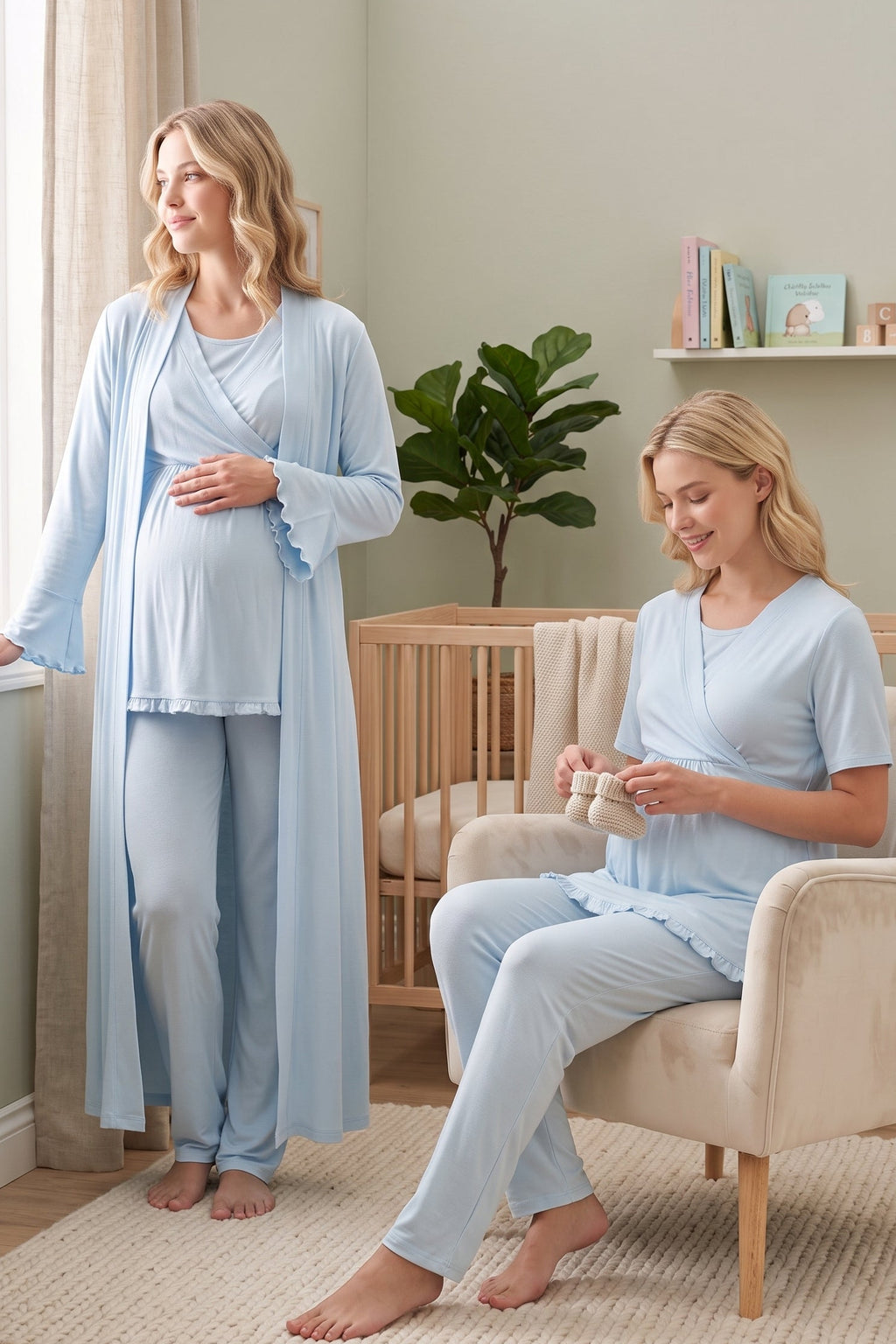 Pleated Sleeves Wrap 3-Piece Maternity Feeding-Friendly Pajama & Robe Set Blue - T3034