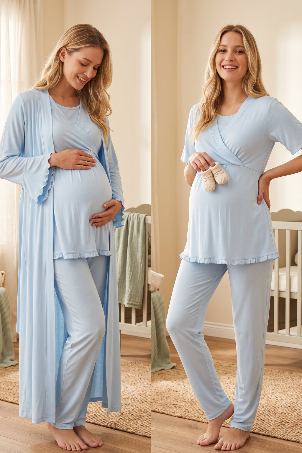 Pleated Sleeves Wrap 3-Piece Maternity Feeding-Friendly Pajama & Robe Set Blue - T3034
