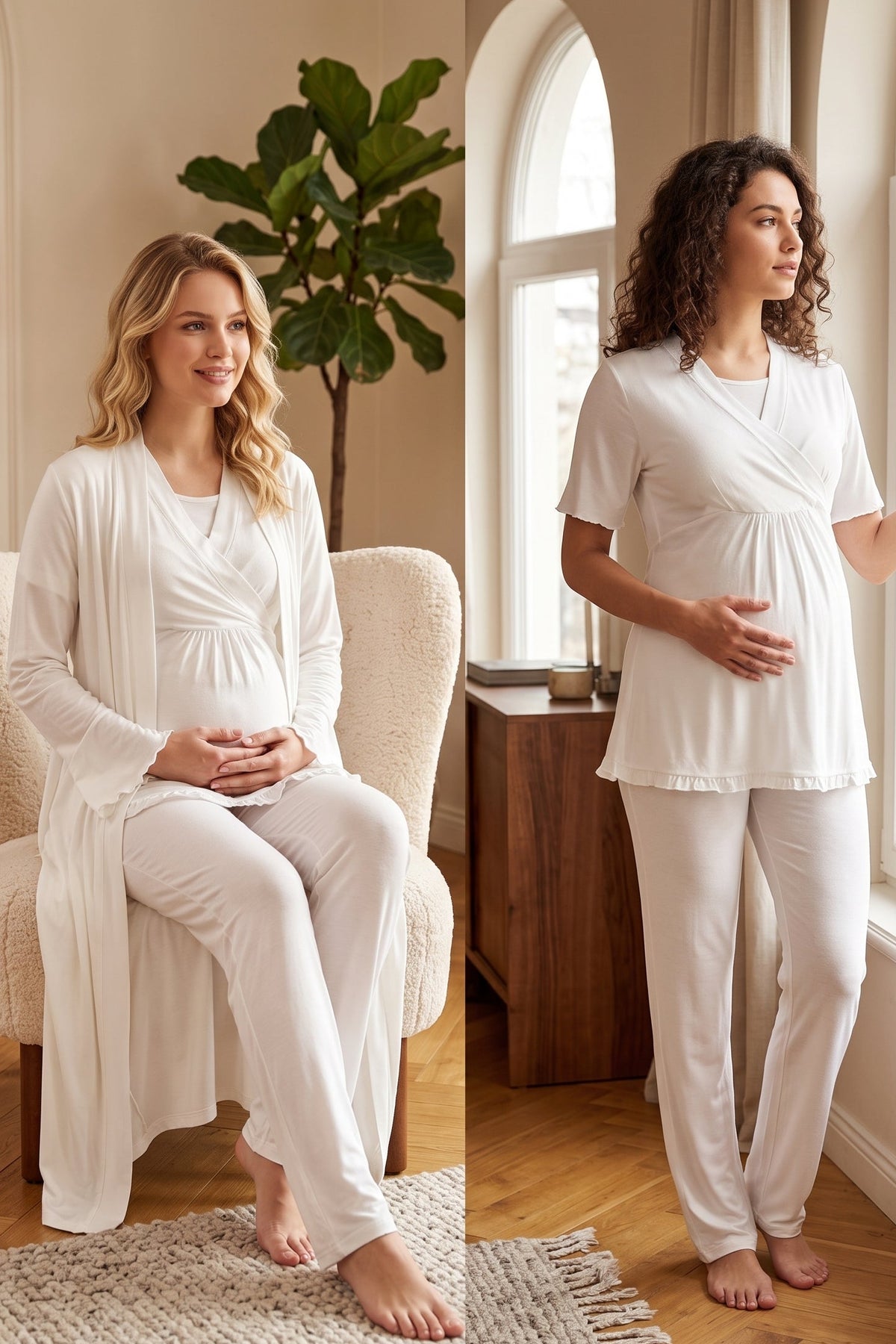 Pleated Sleeves Wrap 3-Piece Maternity Feeding-Friendly Pajama & Robe Set Ecru - T3034