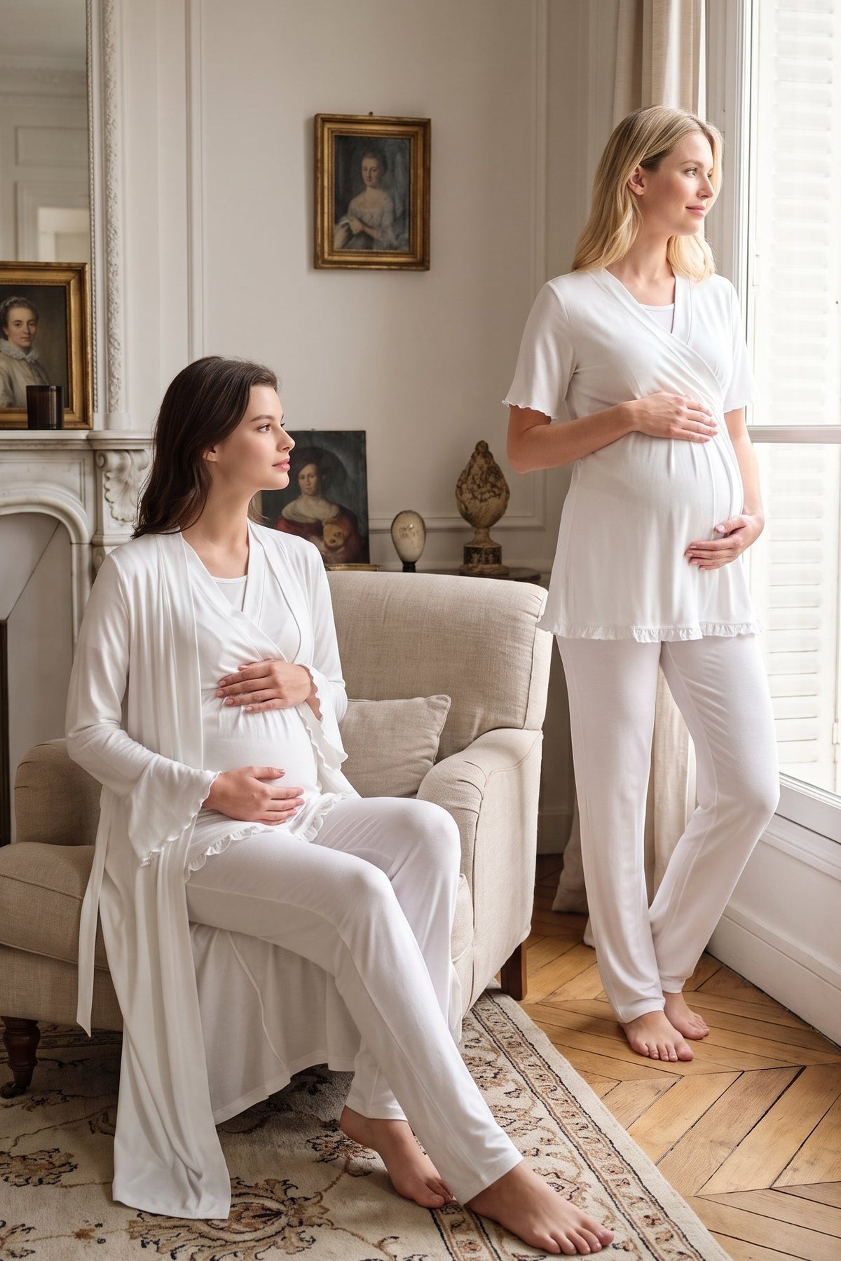 Pleated Sleeves Wrap 3-Piece Maternity Feeding-Friendly Pajama & Robe Set Ecru - T3034