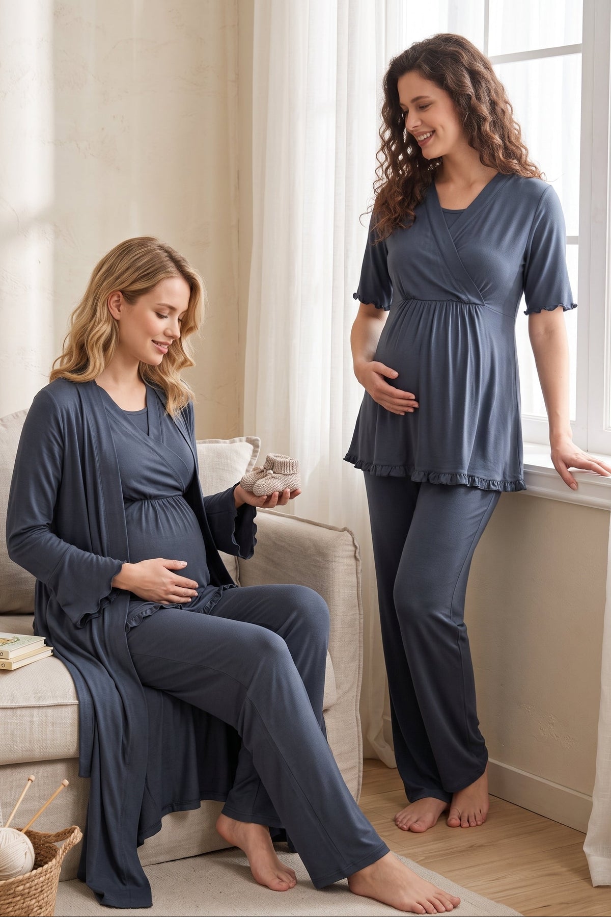 Pleated Sleeves Wrap 3-Piece Maternity Feeding-Friendly Pajama & Robe Set Indigo - T3034