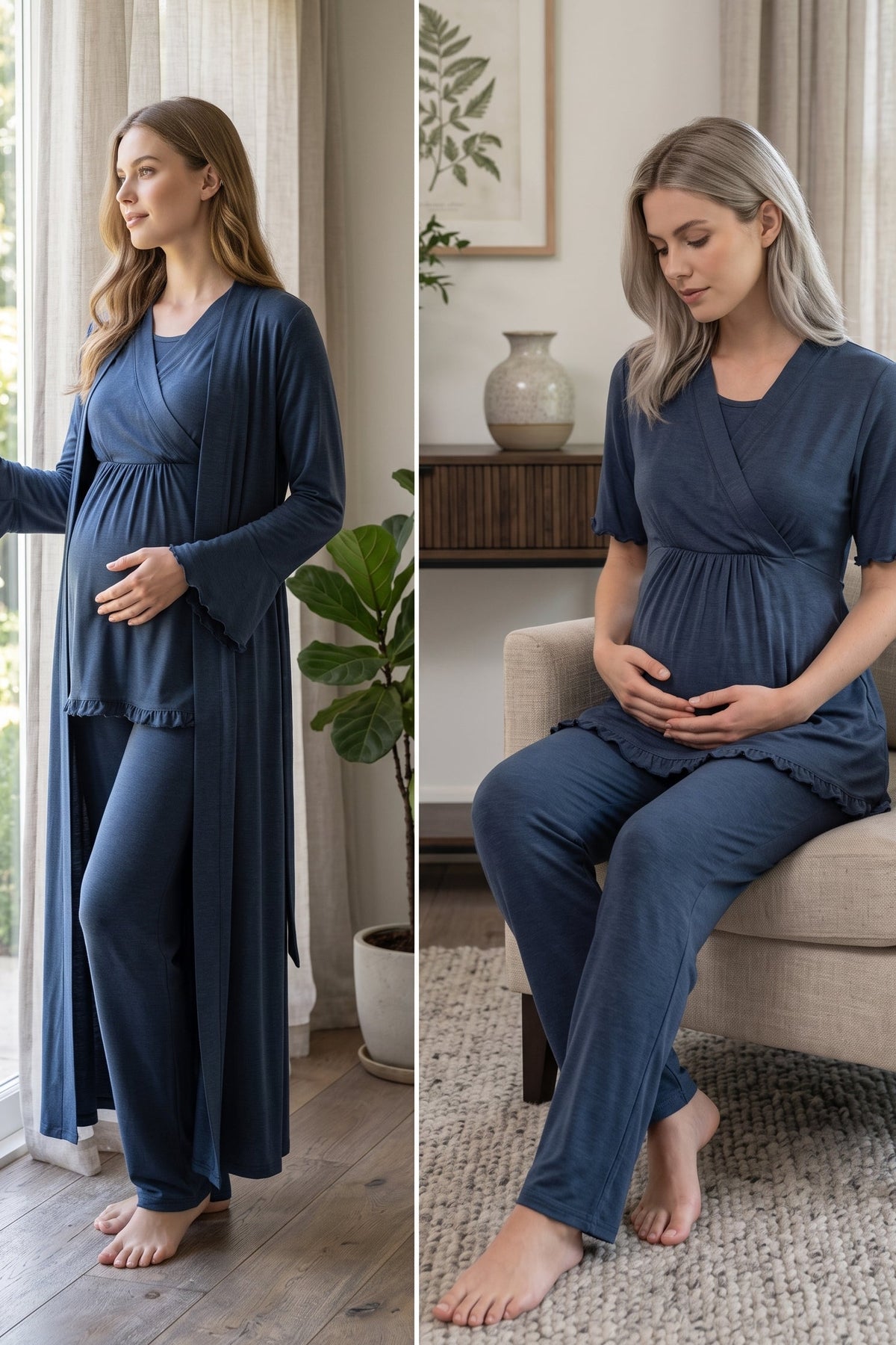 Pleated Sleeves Wrap 3-Piece Maternity Feeding-Friendly Pajama & Robe Set Indigo - T3034