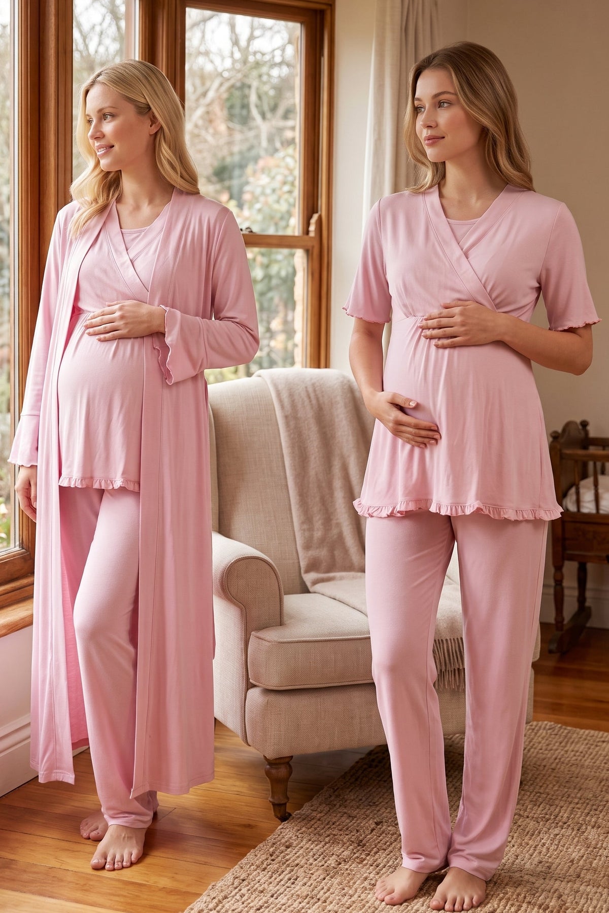 Pleated Sleeves Wrap 3-Piece Maternity Feeding-Friendly Pajama & Robe Set Pink - T3034