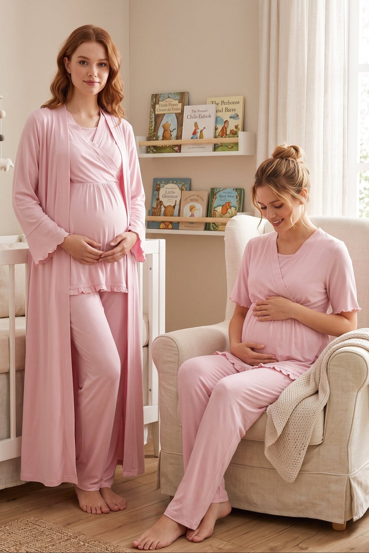 Pleated Sleeves Wrap 3-Piece Maternity Feeding-Friendly Pajama & Robe Set Pink - T3034