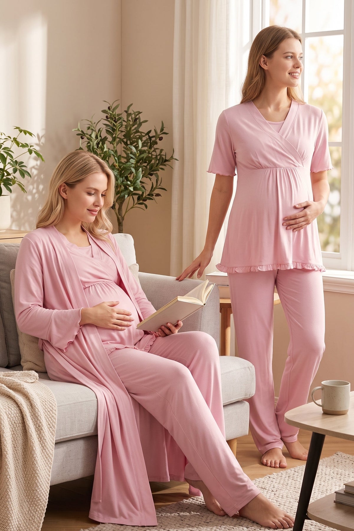 Pleated Sleeves Wrap 3-Piece Maternity Feeding-Friendly Pajama & Robe Set Pink - T3034