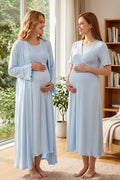 Pleated Sleeves Wrap Maternity Feeding-Friendly Nightgown & Robe Set Blue - T3035