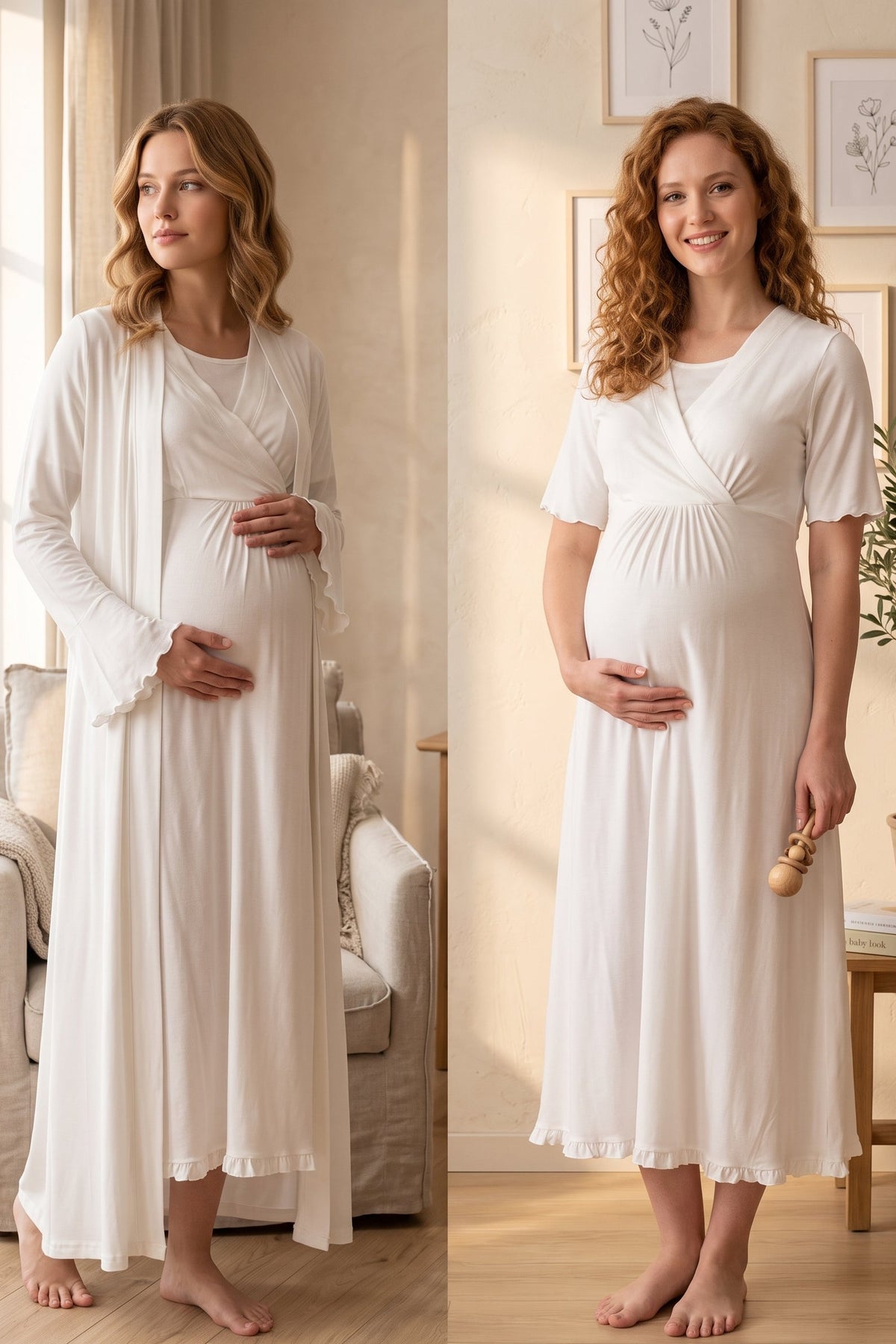 Pleated Sleeves Wrap Maternity Feeding-Friendly Nightgown & Robe Set Ecru - T3035