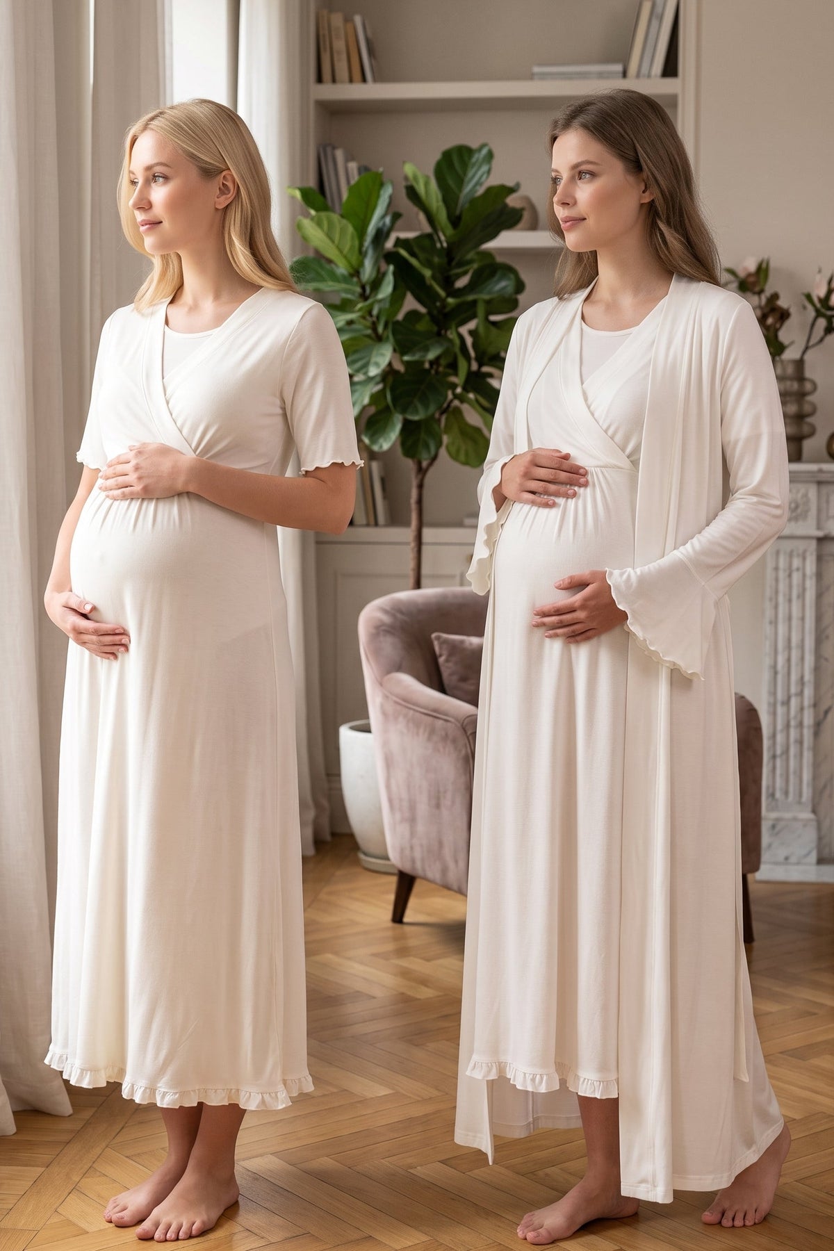 Pleated Sleeves Wrap Maternity Feeding-Friendly Nightgown & Robe Set Ecru - T3035