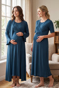 Pleated Sleeves Wrap Maternity Feeding-Friendly Nightgown & Robe Set Indigo - T3035