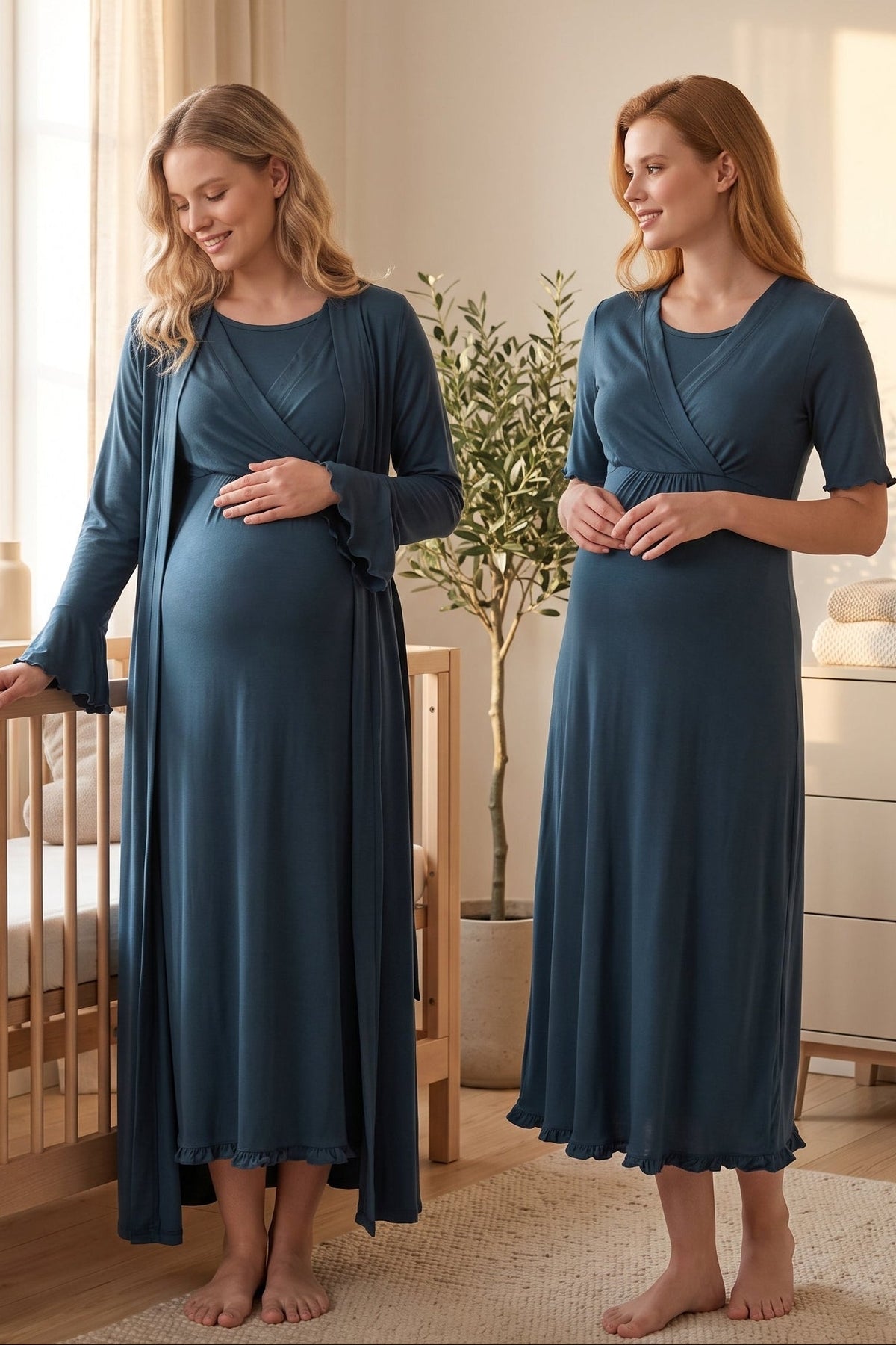 Pleated Sleeves Wrap Maternity Feeding-Friendly Nightgown & Robe Set Indigo - T3035