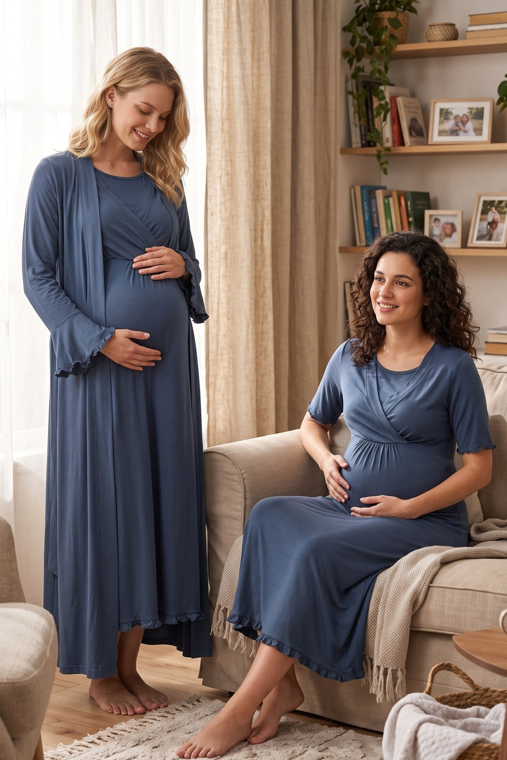 Pleated Sleeves Wrap Maternity Feeding-Friendly Nightgown & Robe Set Indigo - T3035