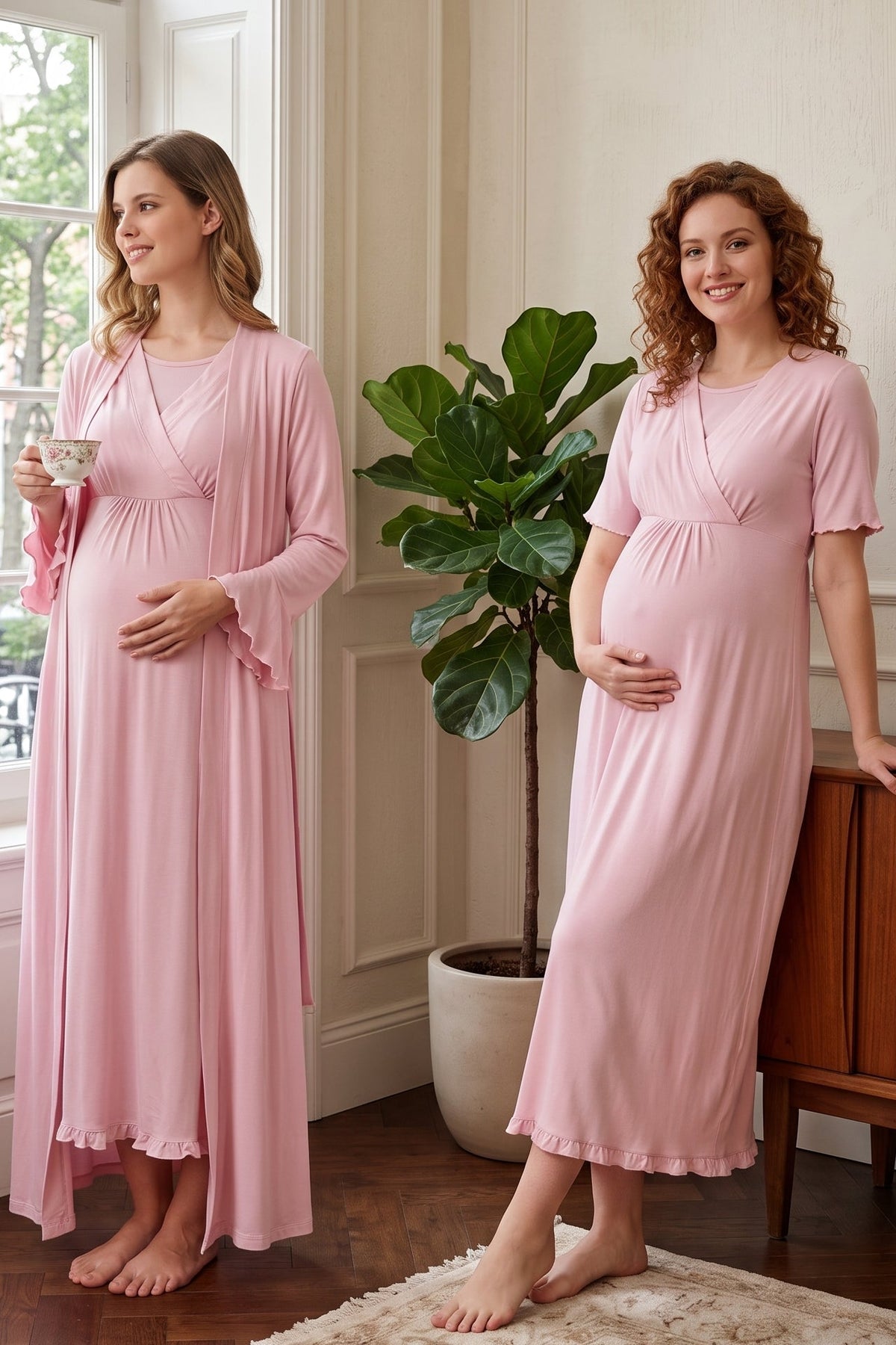 Pleated Sleeves Wrap Maternity Feeding-Friendly Nightgown & Robe Set Pink - T3035