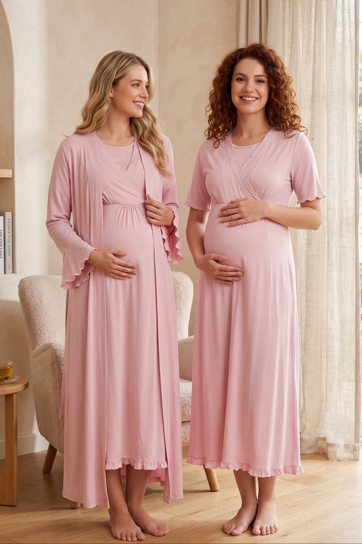 Pleated Sleeves Wrap Maternity Feeding-Friendly Nightgown & Robe Set Pink - T3035