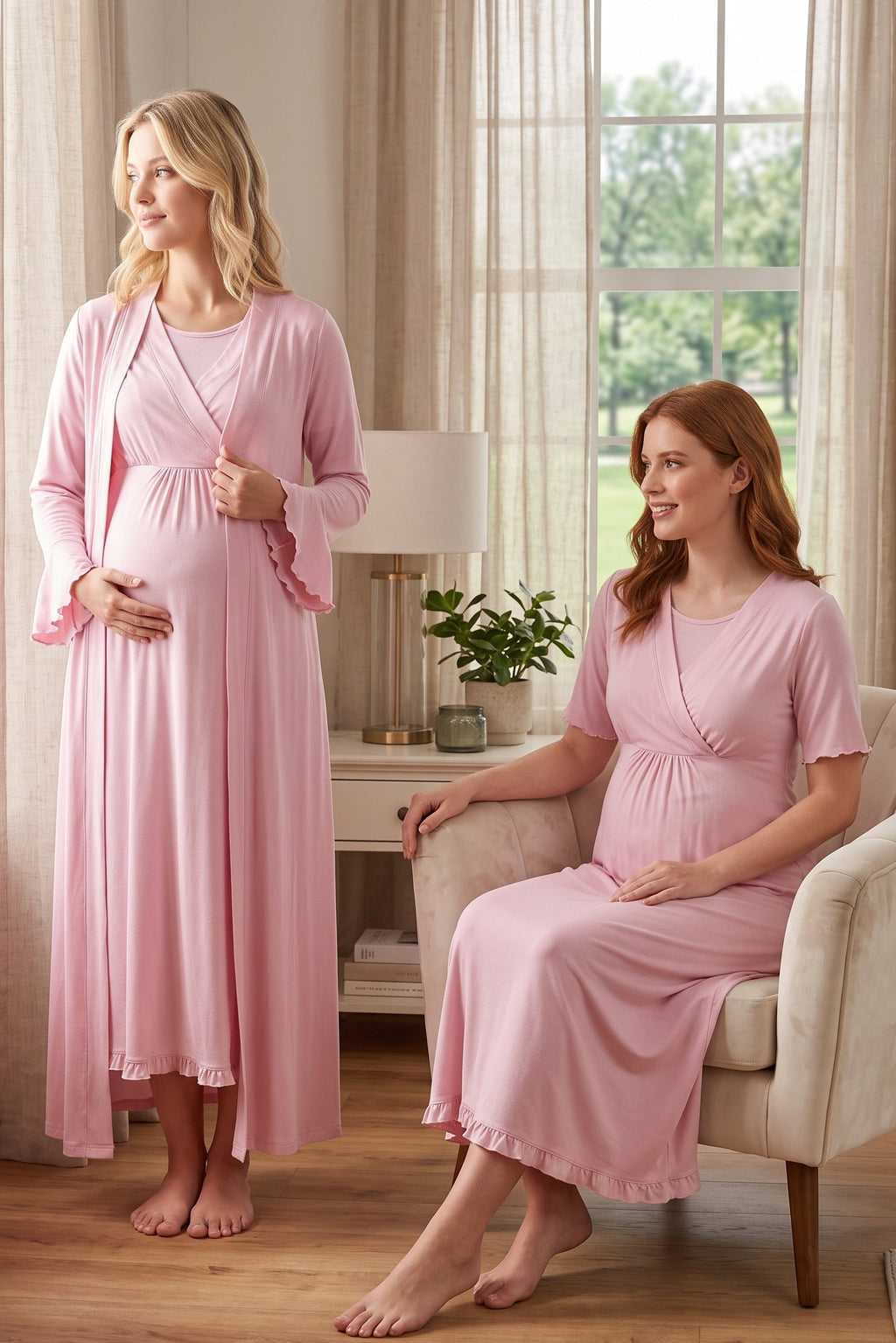 Pleated Sleeves Wrap Maternity Feeding-Friendly Nightgown & Robe Set Pink - T3035
