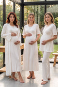 Pleated Sleeves Wrap 4-Piece Maternity Feeding-Friendly Set Ecru - T3036