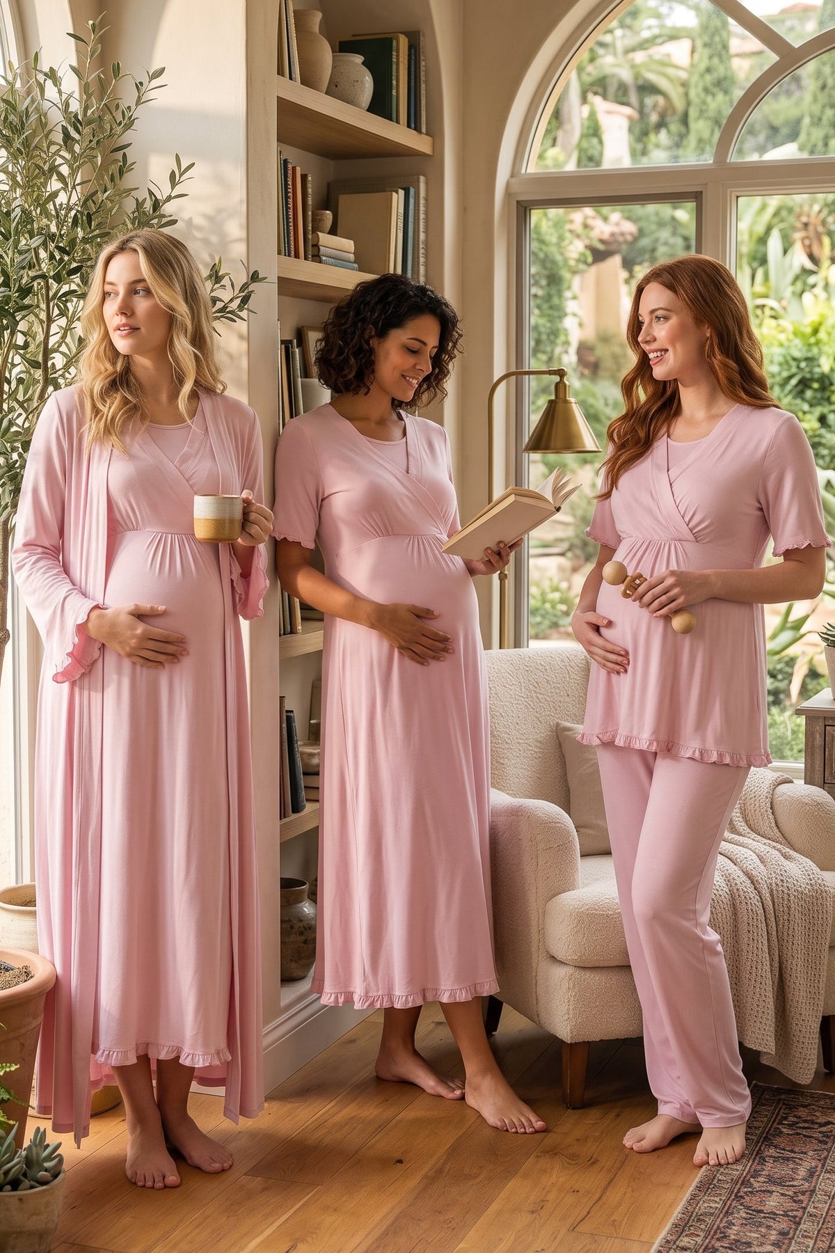Pleated Sleeves Wrap 4-Piece Maternity Feeding-Friendly Set Pink - T3036