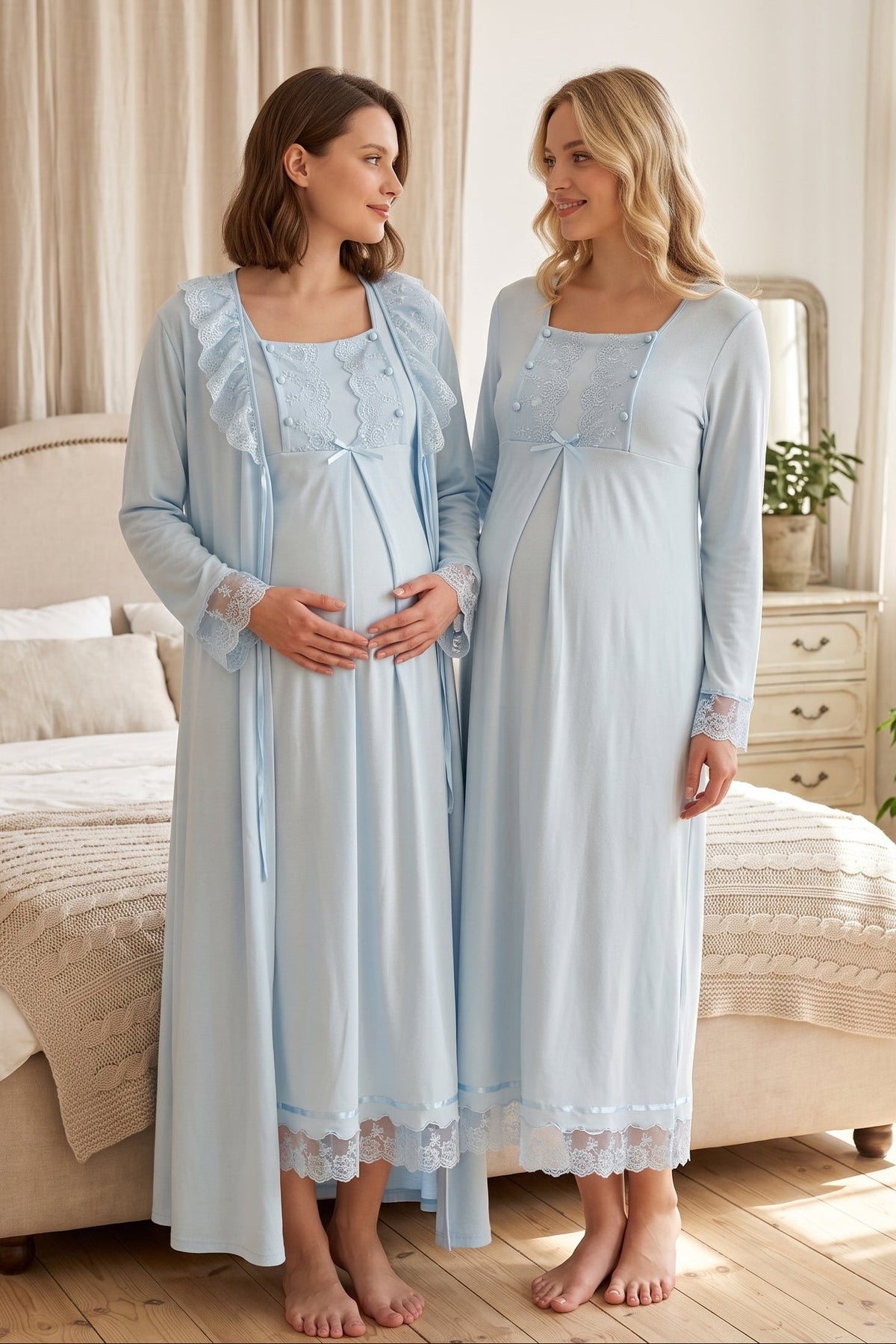 Lace Sleeve Maternity Feeding-Friendly Nightgown & Robe Set Blue - T3041