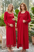 Lace Sleeve Maternity Feeding-Friendly Nightgown & Robe Set Cherry - T3041
