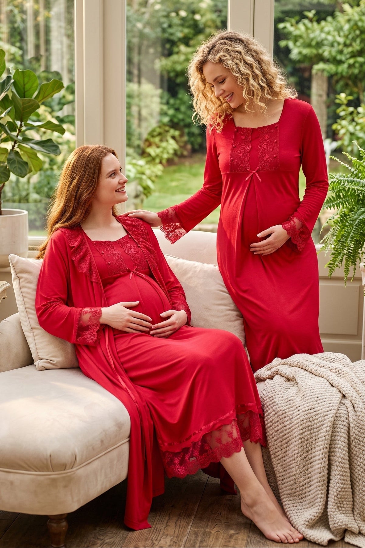 Lace Sleeve Maternity Feeding-Friendly Nightgown & Robe Set Cherry - T3041