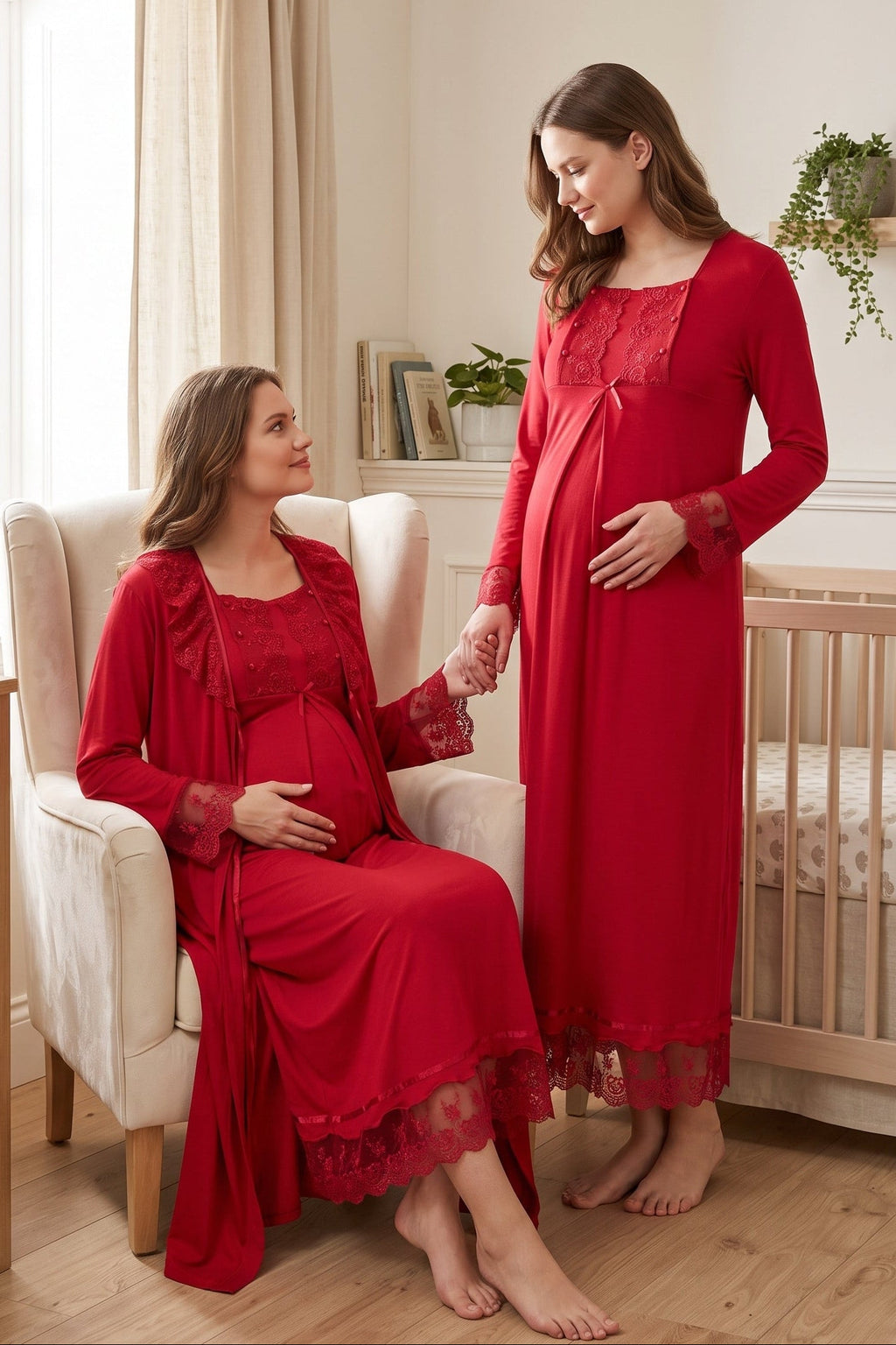 Lace Sleeve Maternity Feeding-Friendly Nightgown & Robe Set Cherry - T3041