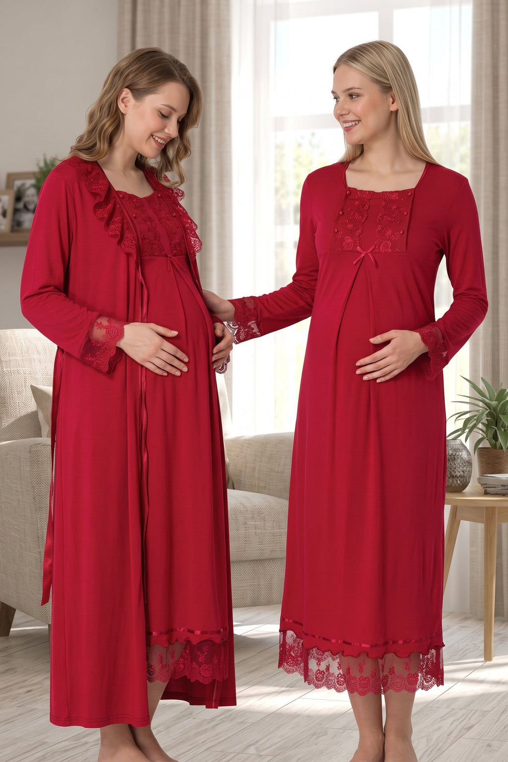 Lace Sleeve Maternity Feeding-Friendly Nightgown & Robe Set Cherry - T3041