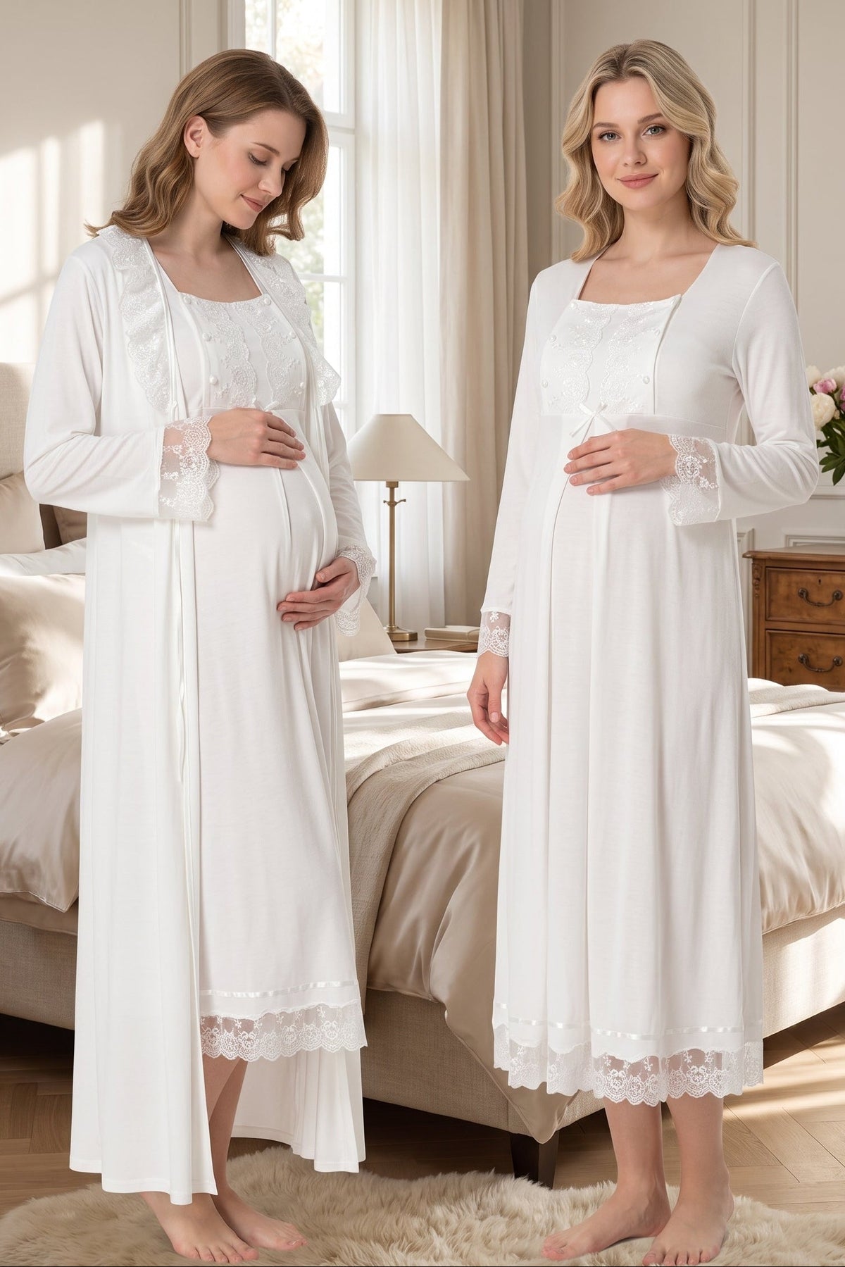 Lace Sleeve Maternity Feeding-Friendly Nightgown & Robe Set Ecru - T3041