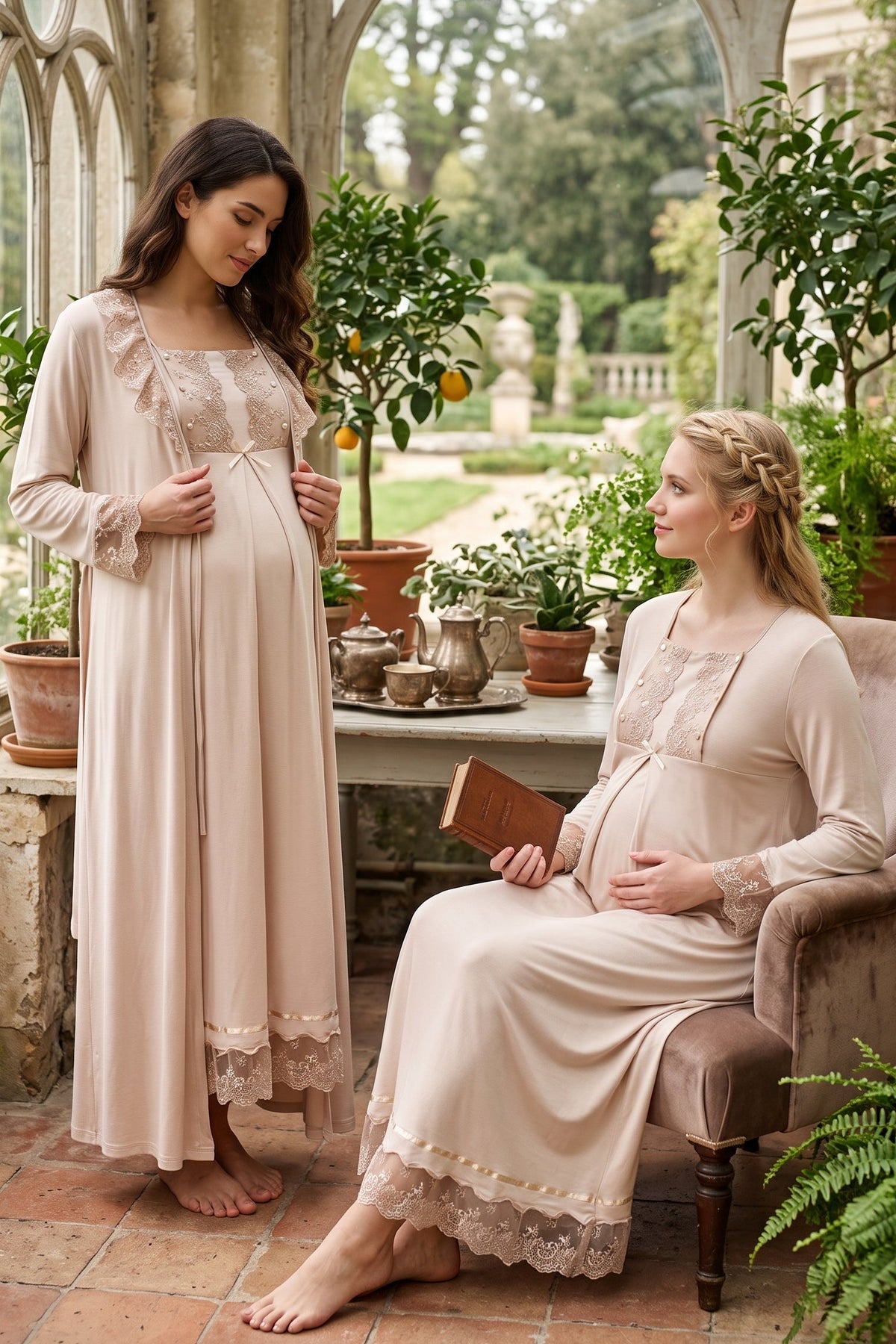 Lace Sleeve Maternity Feeding-Friendly Nightgown & Robe Set Mink - T3041