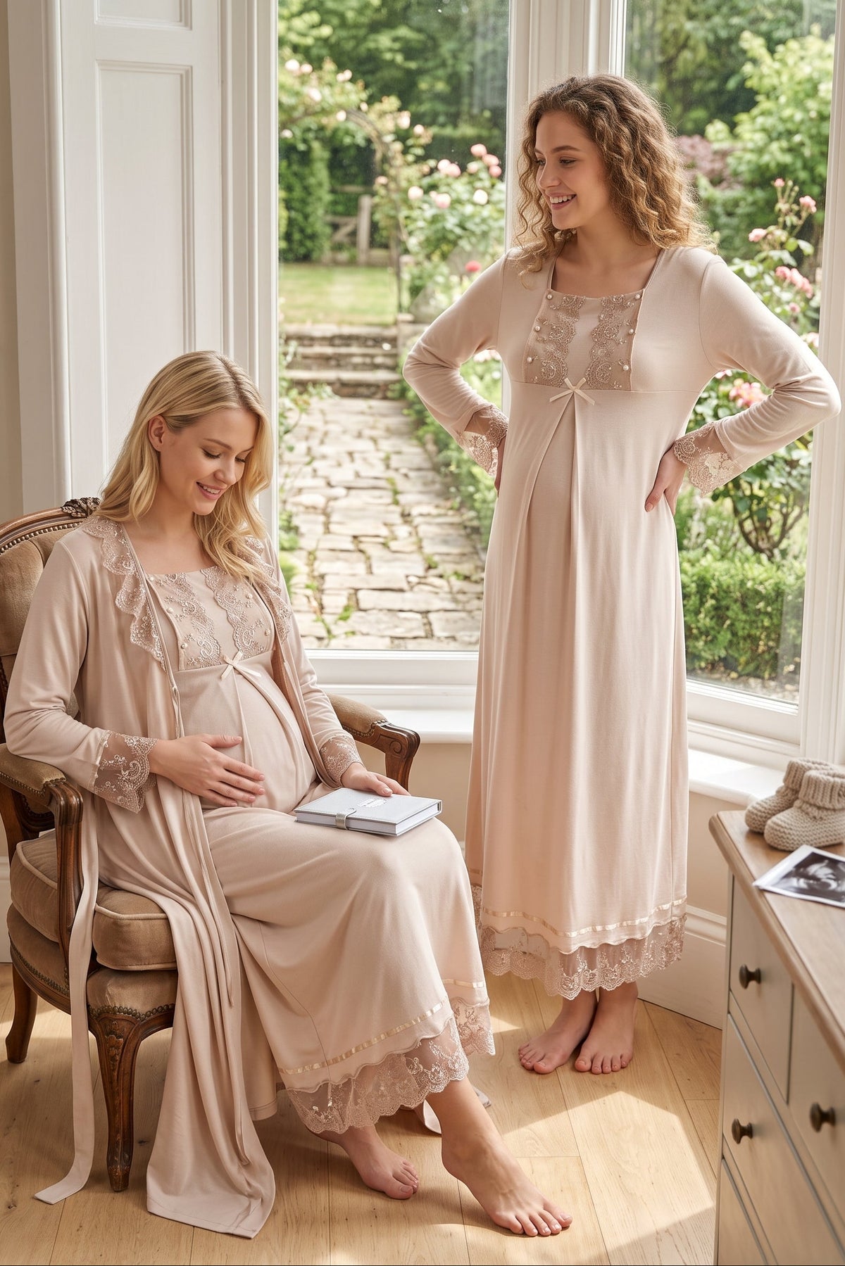 Lace Sleeve Maternity Feeding-Friendly Nightgown & Robe Set Mink - T3041