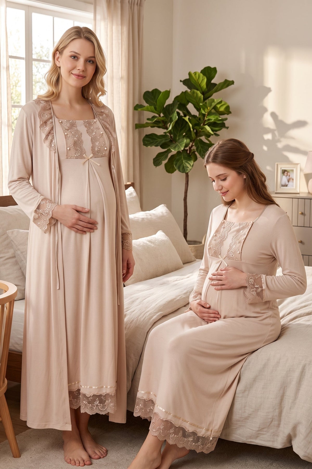 Lace Sleeve Maternity Feeding-Friendly Nightgown & Robe Set Mink - T3041