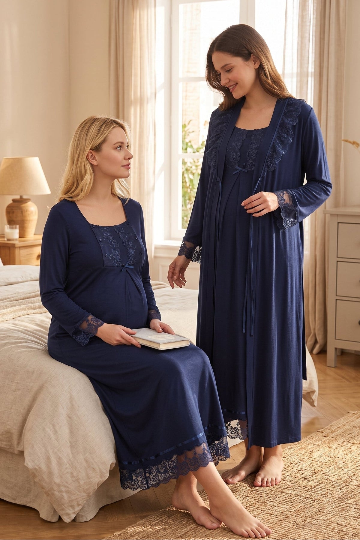 Lace Sleeve Maternity Feeding-Friendly Nightgown & Robe Set Navy Blue - T3041