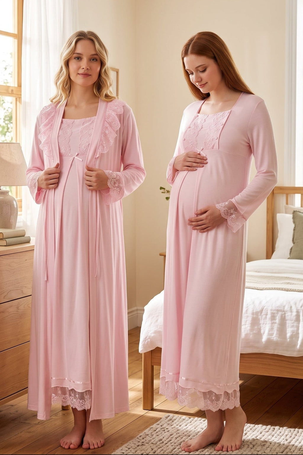 Lace Sleeve Maternity Feeding-Friendly Nightgown & Robe Set Pink - T3041