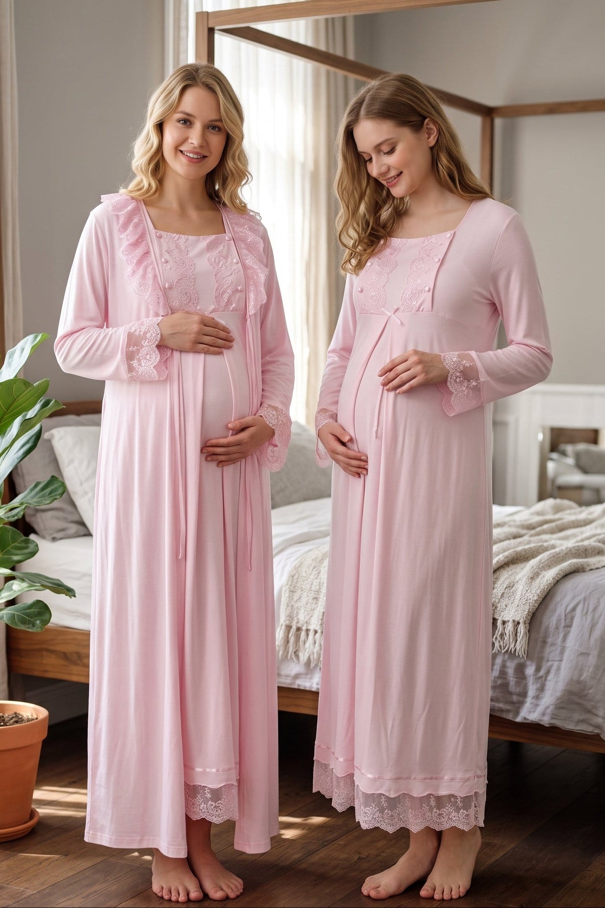 Lace Sleeve Maternity Feeding-Friendly Nightgown & Robe Set Pink - T3041