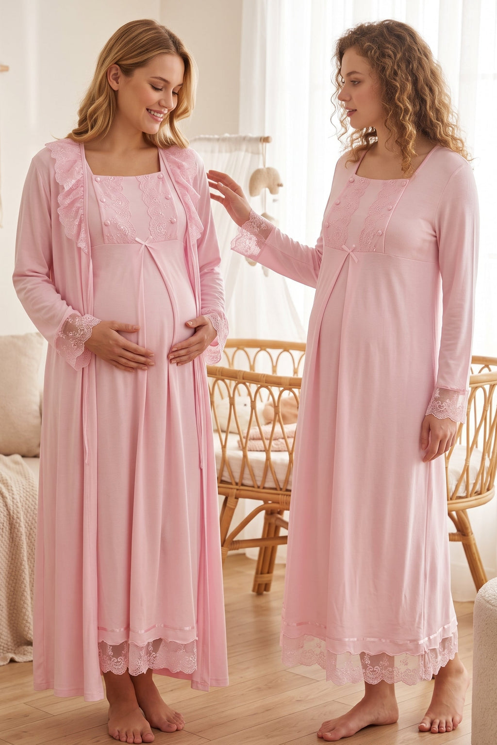 Lace Sleeve Maternity Feeding-Friendly Nightgown & Robe Set Pink - T3041