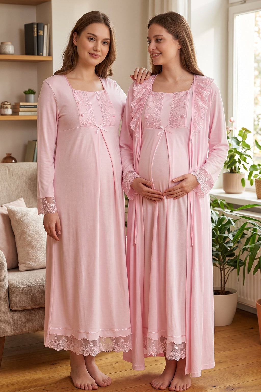 Lace Sleeve Maternity Feeding-Friendly Nightgown & Robe Set Pink - T3041