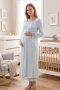 Lace Sleeve Maternity Feeding-Friendly Nightgown Blue - T3043