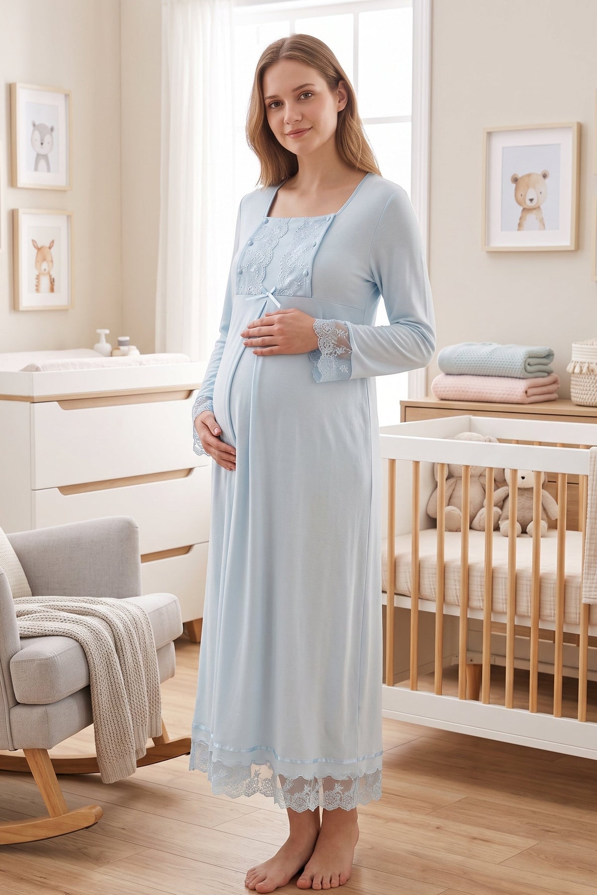 Lace Sleeve Maternity Feeding-Friendly Nightgown Blue - T3043