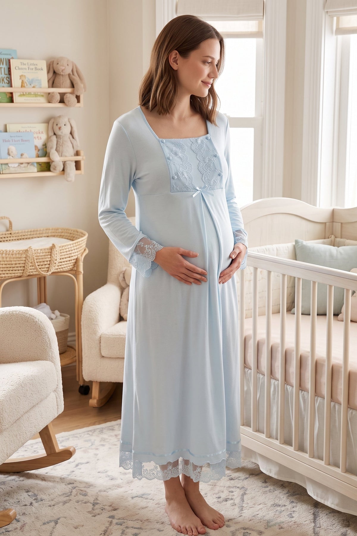 Lace Sleeve Maternity Feeding-Friendly Nightgown Blue - T3043