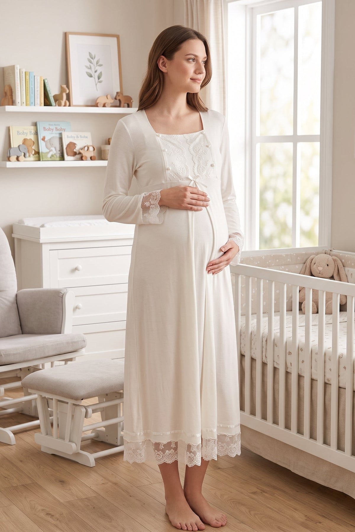 Lace Sleeve Maternity Feeding-Friendly Nightgown Ecru - T3043