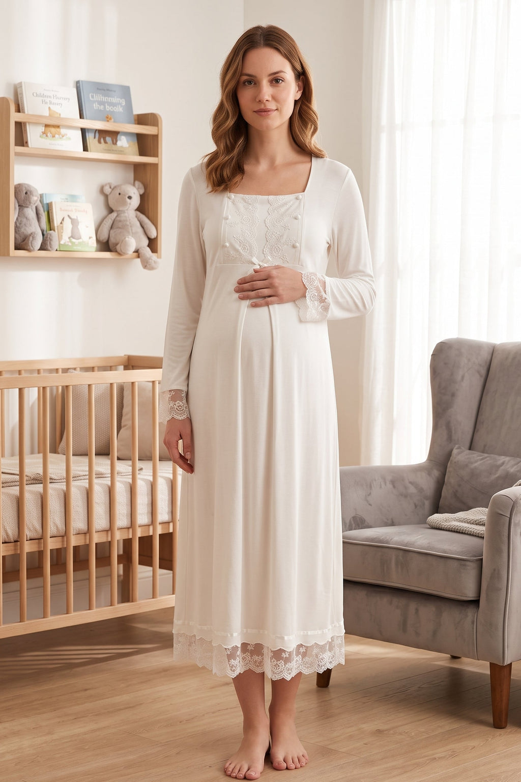 Lace Sleeve Maternity Feeding-Friendly Nightgown Ecru - T3043