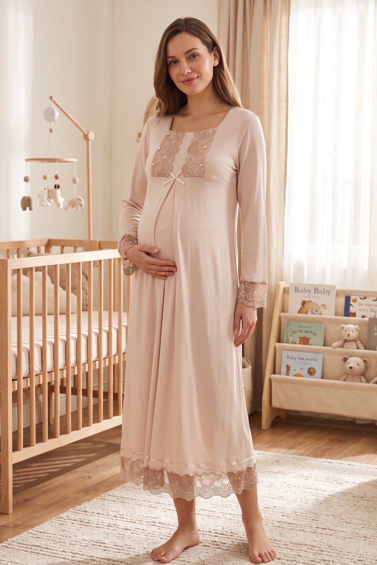 Lace Sleeve Maternity Feeding-Friendly Nightgown Mink - T3043