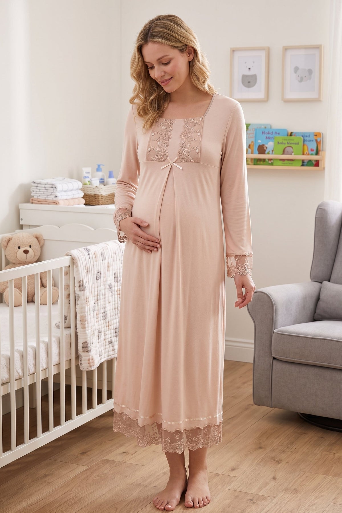 Lace Sleeve Maternity Feeding-Friendly Nightgown Mink - T3043